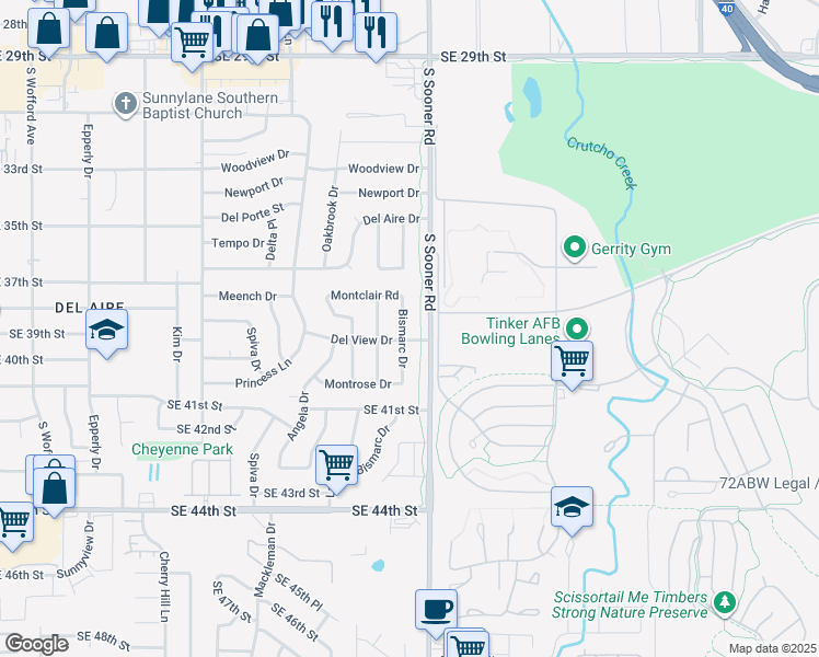 map of restaurants, bars, coffee shops, grocery stores, and more near 3924 Bismarc Drive in Del City