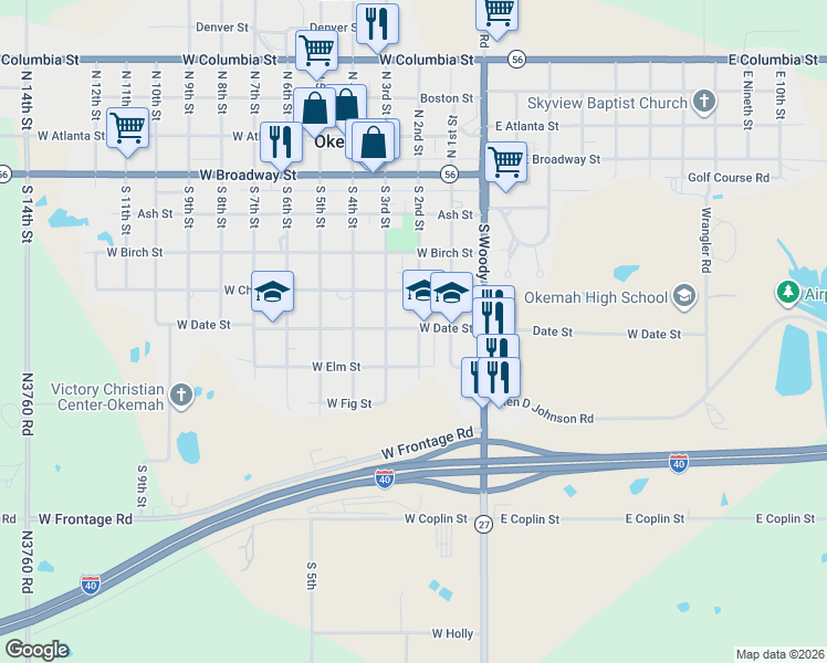 map of restaurants, bars, coffee shops, grocery stores, and more near 204 West Date Street in Okemah
