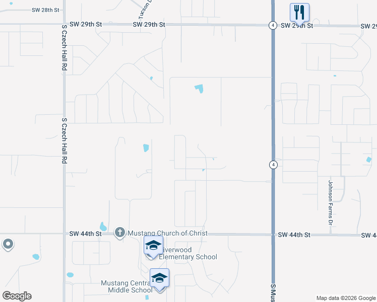 map of restaurants, bars, coffee shops, grocery stores, and more near 3822 Janet Circle in Mustang