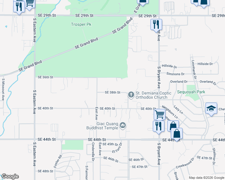map of restaurants, bars, coffee shops, grocery stores, and more near 2627 Southeast 38th Street in Oklahoma City