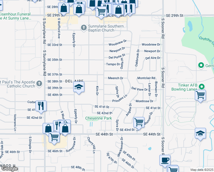 map of restaurants, bars, coffee shops, grocery stores, and more near 4704 Spiva Drive in Del City