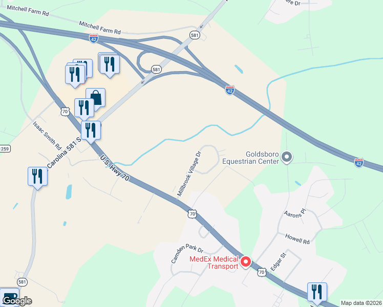 map of restaurants, bars, coffee shops, grocery stores, and more near 207 Millbrook Village in Goldsboro