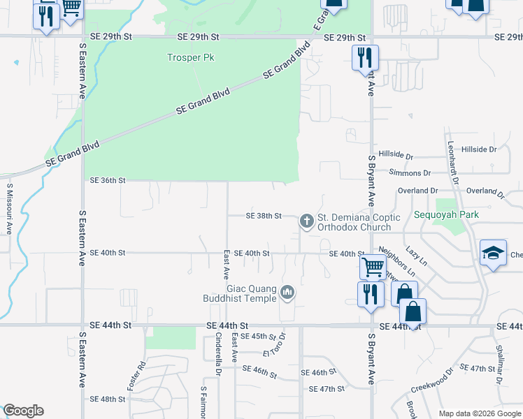 map of restaurants, bars, coffee shops, grocery stores, and more near 2627 Southeast 38th Street in Oklahoma City