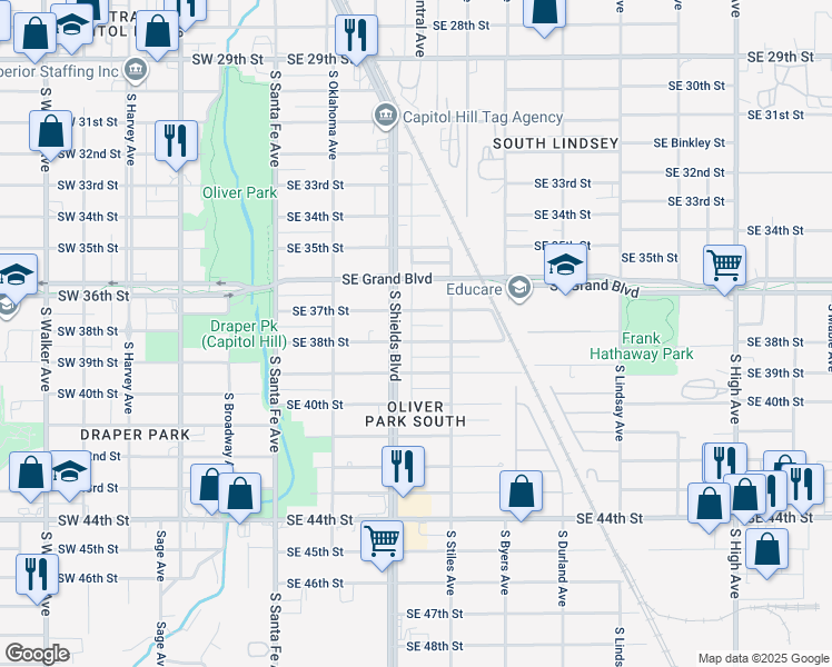 map of restaurants, bars, coffee shops, grocery stores, and more near 3800 South Shields Boulevard in Oklahoma City