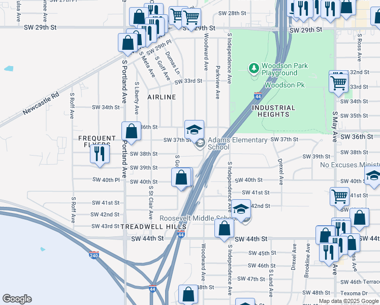 map of restaurants, bars, coffee shops, grocery stores, and more near 3416 Southwest 37th Street in Oklahoma City