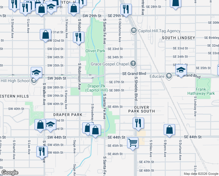 map of restaurants, bars, coffee shops, grocery stores, and more near 8 Southeast 37th Street in Oklahoma City