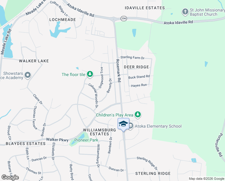 map of restaurants, bars, coffee shops, grocery stores, and more near 175 Beverly Drive in Atoka