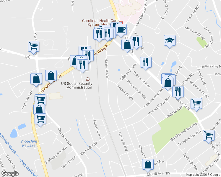 map of restaurants, bars, coffee shops, grocery stores, and more near 754 Harris Street Northwest in Concord