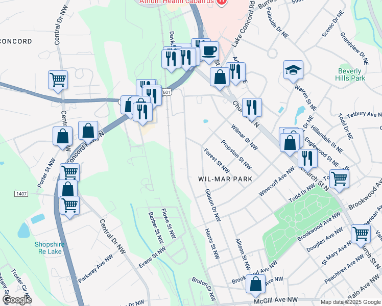 map of restaurants, bars, coffee shops, grocery stores, and more near 754 Harris Street Northwest in Concord