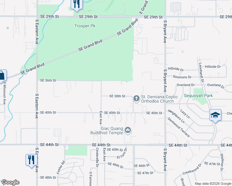 map of restaurants, bars, coffee shops, grocery stores, and more near 2627 Southeast 38th Street in Oklahoma City