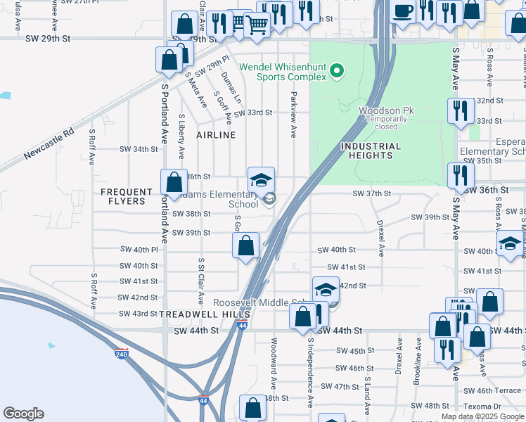 map of restaurants, bars, coffee shops, grocery stores, and more near 3416 Southwest 37th Street in Oklahoma City