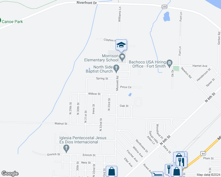 map of restaurants, bars, coffee shops, grocery stores, and more near 9 Northwood Drive in Fort Smith