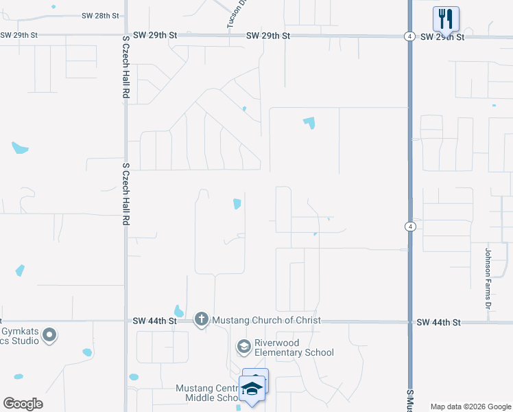 map of restaurants, bars, coffee shops, grocery stores, and more near 3822 Janet Circle in Mustang