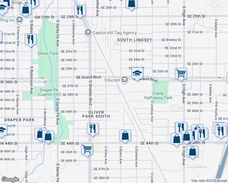 map of restaurants, bars, coffee shops, grocery stores, and more near 301 Southeast 38th Street in Oklahoma City