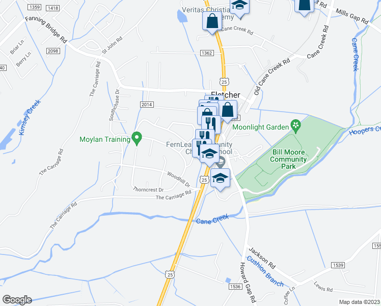 map of restaurants, bars, coffee shops, grocery stores, and more near 105 Sandpiper Court in Fletcher