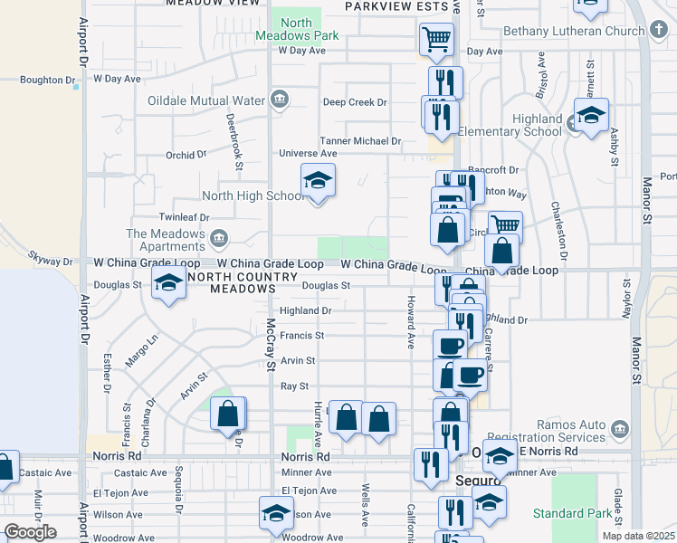 map of restaurants, bars, coffee shops, grocery stores, and more near 313 West China Grade Loop in Bakersfield