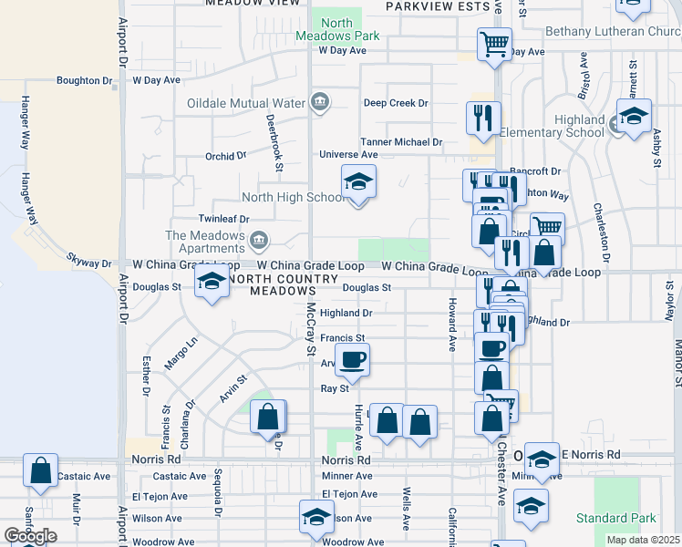 map of restaurants, bars, coffee shops, grocery stores, and more near 349 West China Grade Loop in Bakersfield