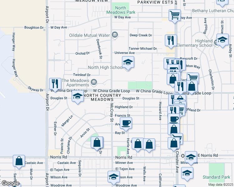 map of restaurants, bars, coffee shops, grocery stores, and more near 437 West China Grade Loop in Bakersfield
