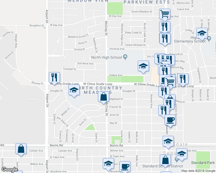 map of restaurants, bars, coffee shops, grocery stores, and more near 437 West China Grade Loop in Bakersfield