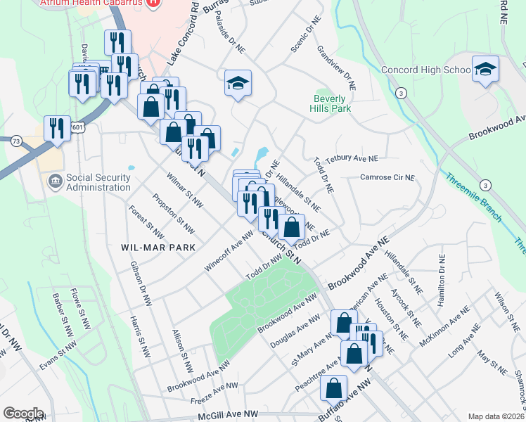 map of restaurants, bars, coffee shops, grocery stores, and more near 31 Winecoff Avenue Northwest in Concord