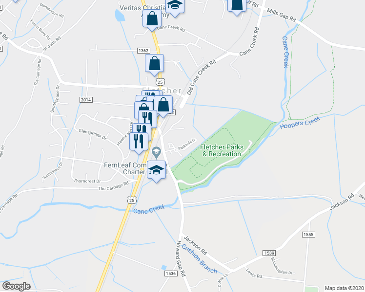 map of restaurants, bars, coffee shops, grocery stores, and more near 30 Park Side Drive in Fletcher