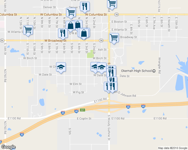 map of restaurants, bars, coffee shops, grocery stores, and more near 204 West Date Street in Okemah