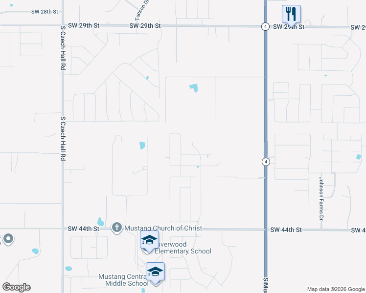 map of restaurants, bars, coffee shops, grocery stores, and more near 3822 Janet Circle in Mustang
