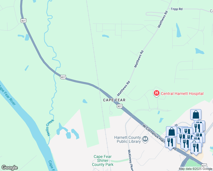 map of restaurants, bars, coffee shops, grocery stores, and more near 2394 U.S. 401 in Lillington
