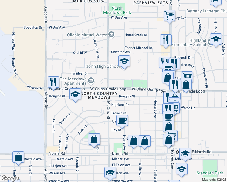 map of restaurants, bars, coffee shops, grocery stores, and more near 437 West China Grade Loop in Bakersfield