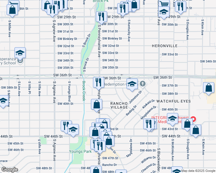 map of restaurants, bars, coffee shops, grocery stores, and more near 1617 Southwest 38th Street in Oklahoma City