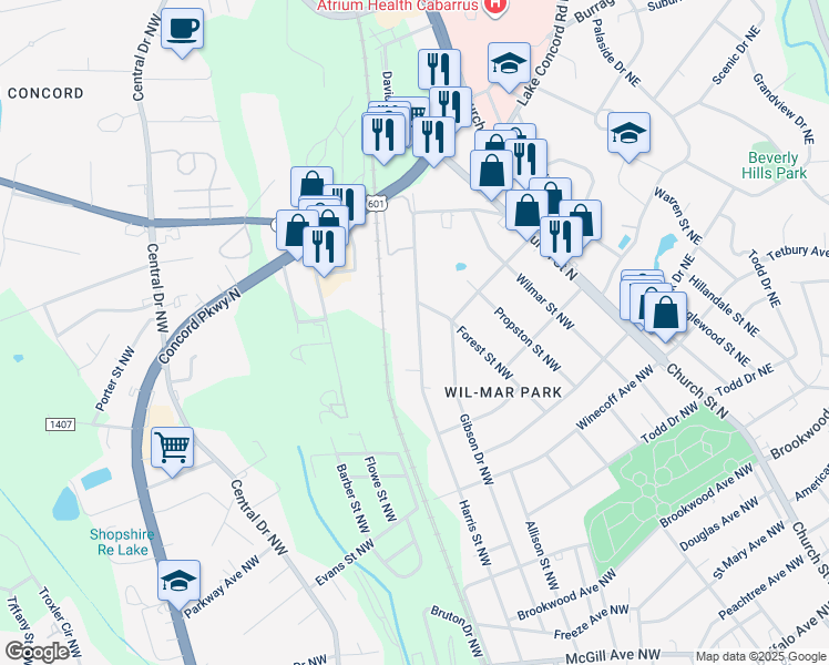 map of restaurants, bars, coffee shops, grocery stores, and more near 757 Harris Street Northwest in Concord