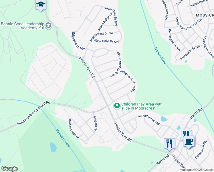 map of restaurants, bars, coffee shops, grocery stores, and more near 1136 Sandy Bottom Drive Northwest in Concord