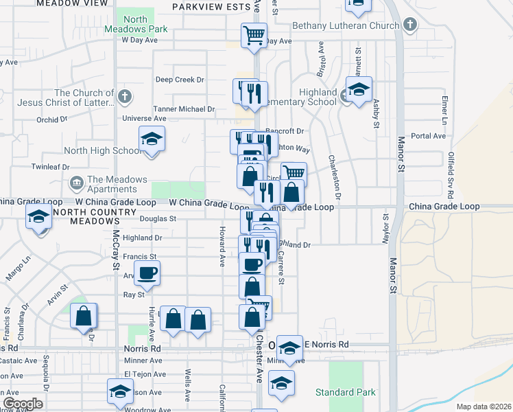 map of restaurants, bars, coffee shops, grocery stores, and more near 100 West China Grade Loop in Bakersfield