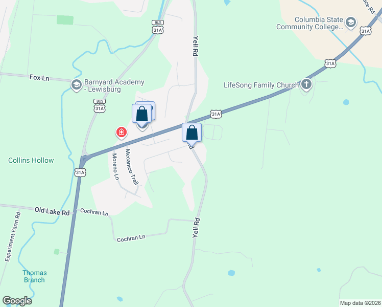 map of restaurants, bars, coffee shops, grocery stores, and more near 1223 Yell Road in Lewisburg