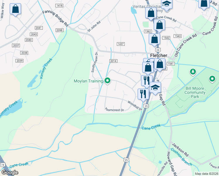 map of restaurants, bars, coffee shops, grocery stores, and more near 991 Thorncrest Court in Fletcher