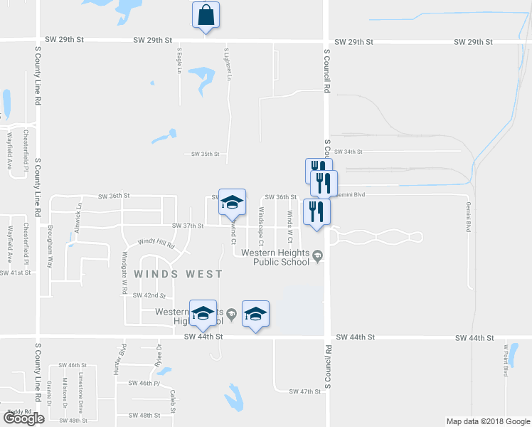 map of restaurants, bars, coffee shops, grocery stores, and more near 3716 Windscape Court in Oklahoma City