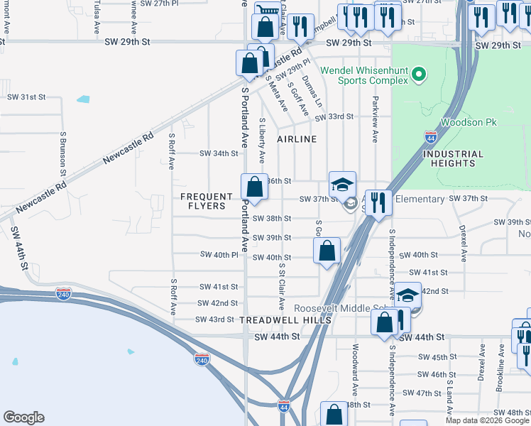 map of restaurants, bars, coffee shops, grocery stores, and more near 3820 South Portland Avenue in Oklahoma City