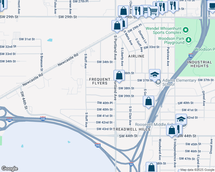 map of restaurants, bars, coffee shops, grocery stores, and more near 3708 Southwest 37th Street in Oklahoma City