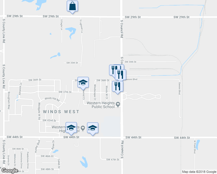 map of restaurants, bars, coffee shops, grocery stores, and more near 3724 Winds W Ct in Oklahoma City