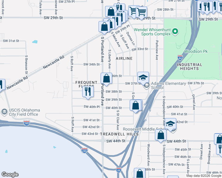 map of restaurants, bars, coffee shops, grocery stores, and more near 3820 South Portland Avenue in Oklahoma City