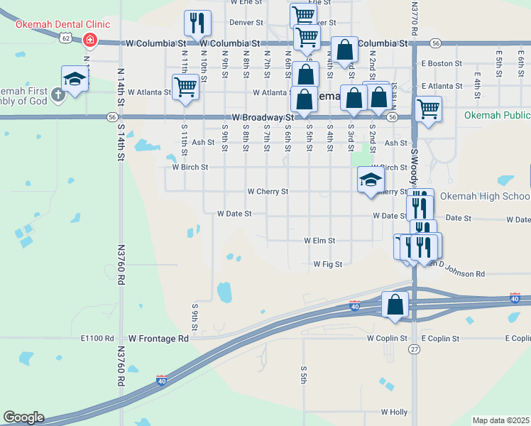 map of restaurants, bars, coffee shops, grocery stores, and more near 704 West Date Street in Okemah