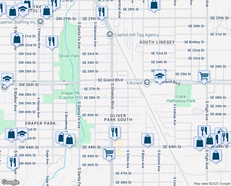 map of restaurants, bars, coffee shops, grocery stores, and more near 3800 South Shields Boulevard in Oklahoma City
