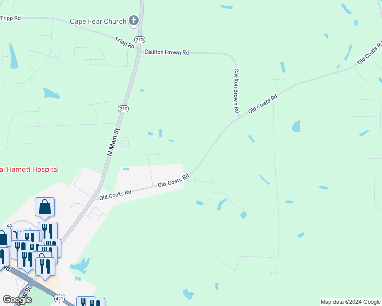 map of restaurants, bars, coffee shops, grocery stores, and more near 521 Old Coats Road in Lillington