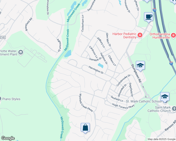 map of restaurants, bars, coffee shops, grocery stores, and more near 14036 Harvington Drive in Huntersville