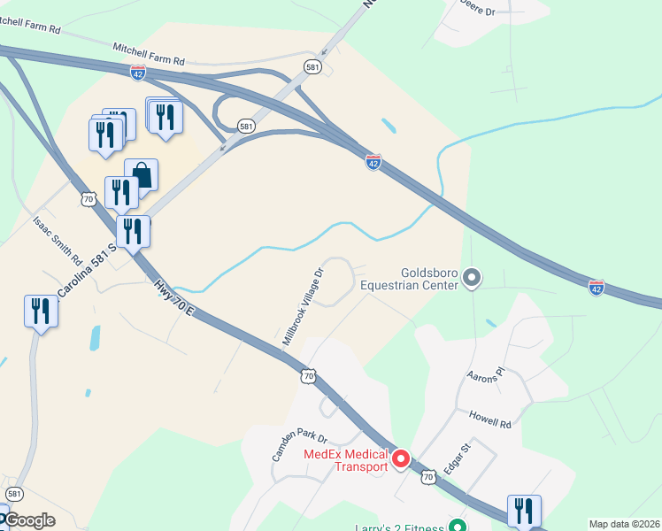 map of restaurants, bars, coffee shops, grocery stores, and more near 208 Millbrook Village Drive in Goldsboro