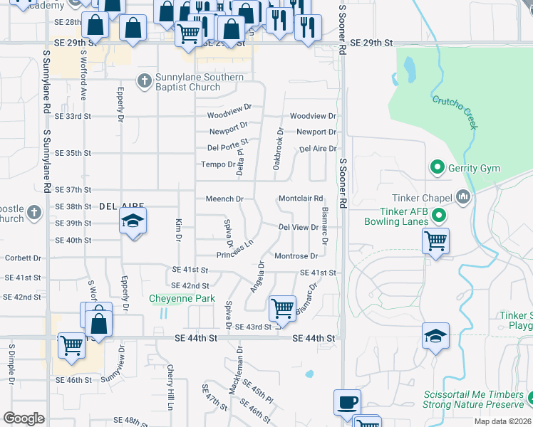 map of restaurants, bars, coffee shops, grocery stores, and more near 3832 Del View Dr in Del City