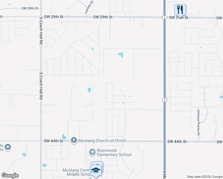 map of restaurants, bars, coffee shops, grocery stores, and more near 3822 Janet Circle in Mustang