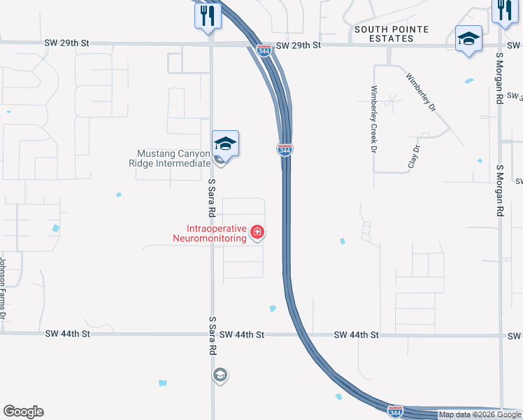 map of restaurants, bars, coffee shops, grocery stores, and more near 3600 South Sara Road in Mustang