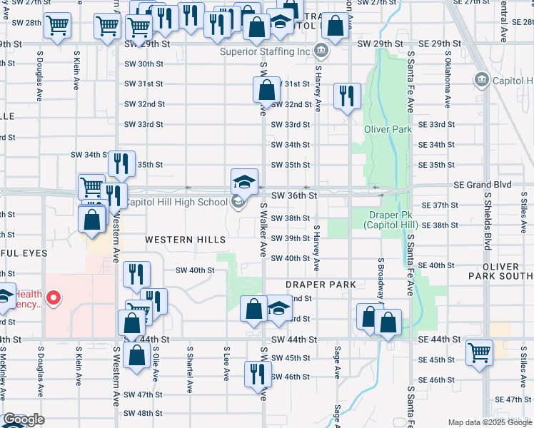 map of restaurants, bars, coffee shops, grocery stores, and more near 429 Southwest 38th Street in Oklahoma City