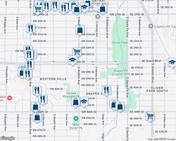 map of restaurants, bars, coffee shops, grocery stores, and more near 327 Southwest 38th Street in Oklahoma City